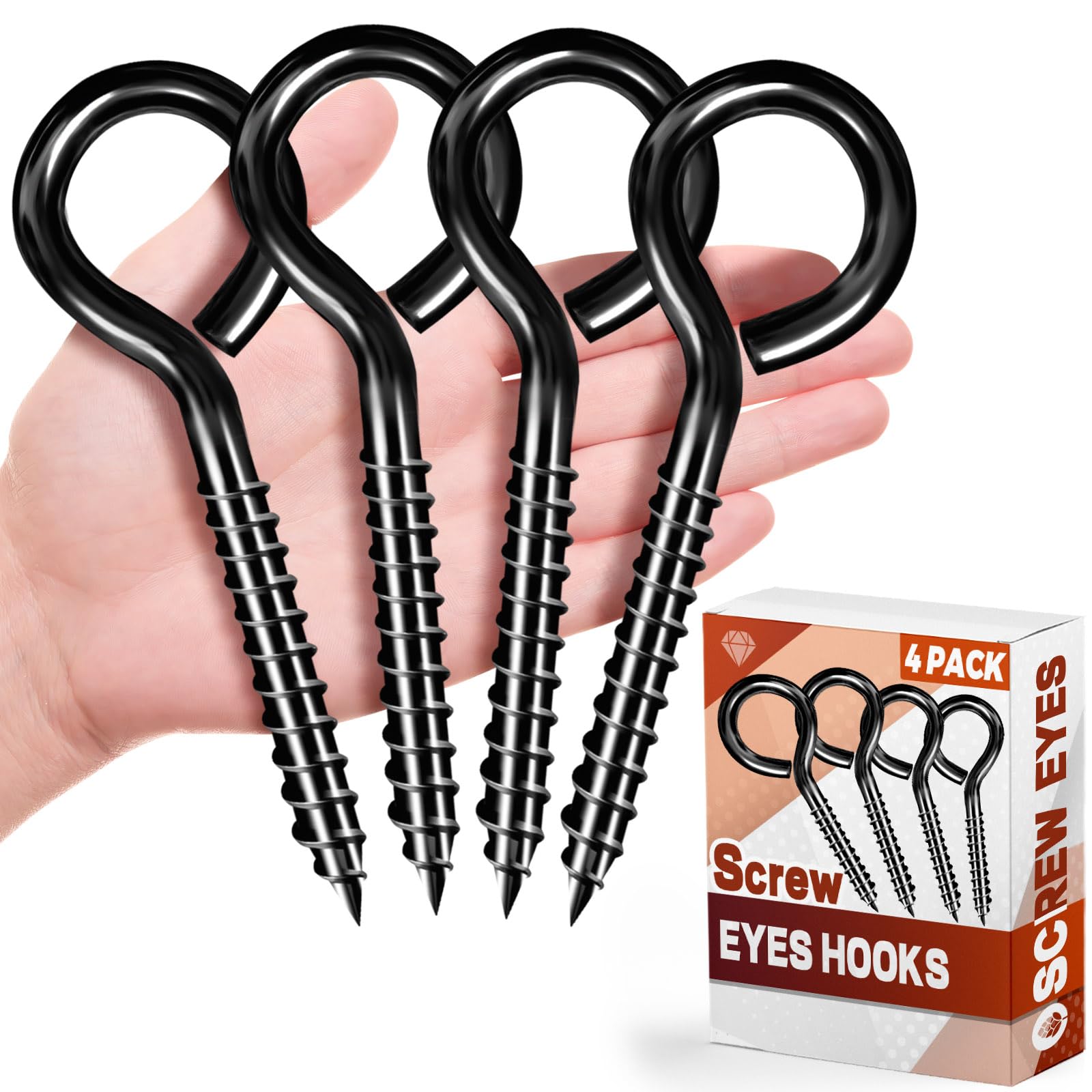 FFWHKON 4 Pcs Black Stainless Steel Screw in Eye Bolts, 5 Inch Large Screw Eye Hooks for Hanging, Tie-Downs, Heavy-Duty Applications