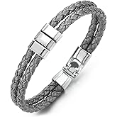 COOLSTEELANDBEYOND Two-row Silvery Grey Braided Leather Bracelet for Mens Womens, Polished Ornaments