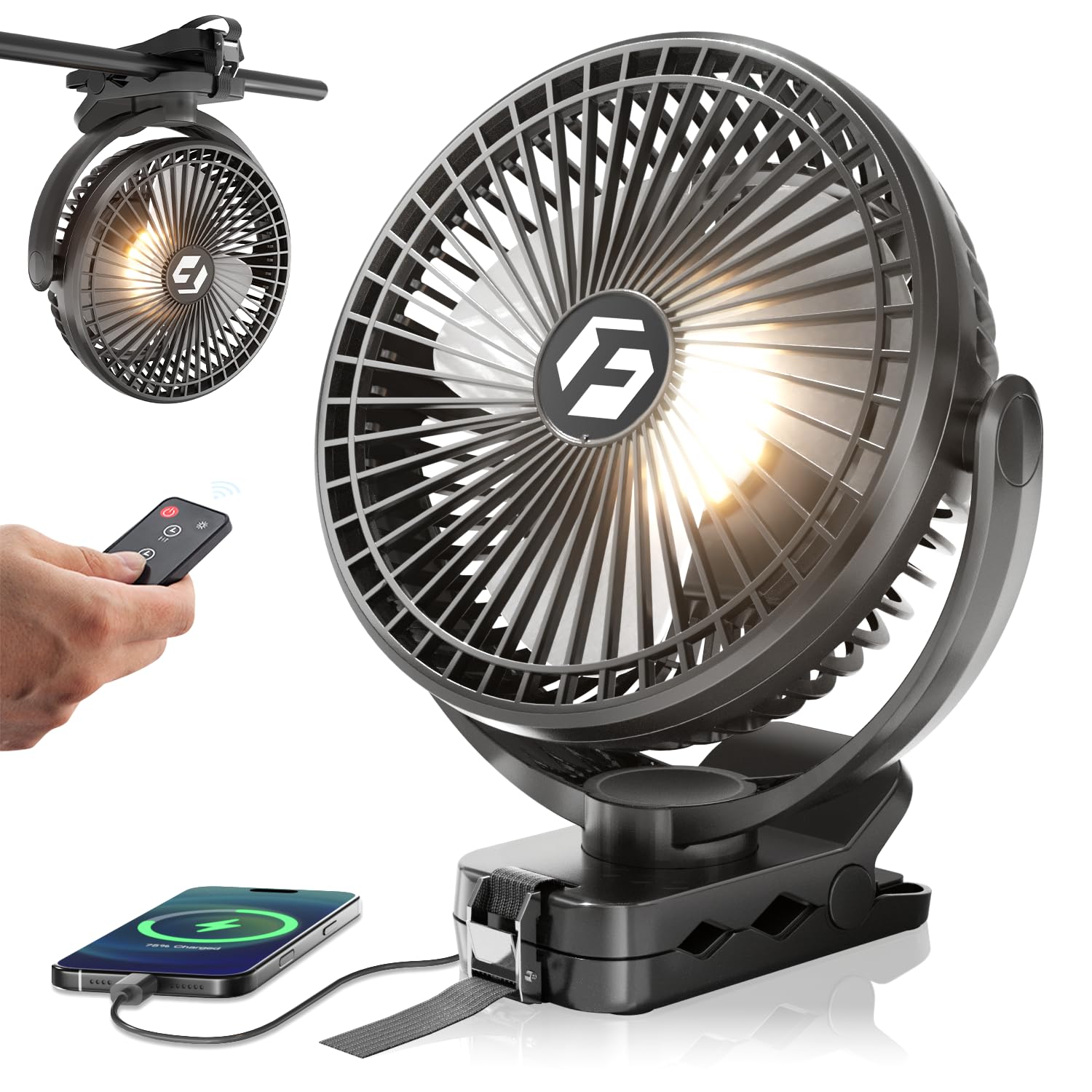 Photo 1 of FRIZCOL 24000mAh 8 Inch Portable Clip On Fan,Battery Operated Golf Cart Fan with Lights and Remote, USB Fans Small Desk Fans Personal Quiet Fans for Office Stroller Bedroom and Camping