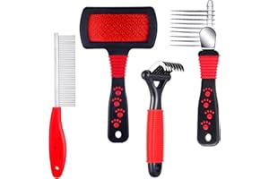PATELAI 4 Pieces Pet Grooming Kit - Dematting Combs, Slicker Brush, and Steel Comb for Removing Knots and Hair from Dogs, Cats, and Poodles