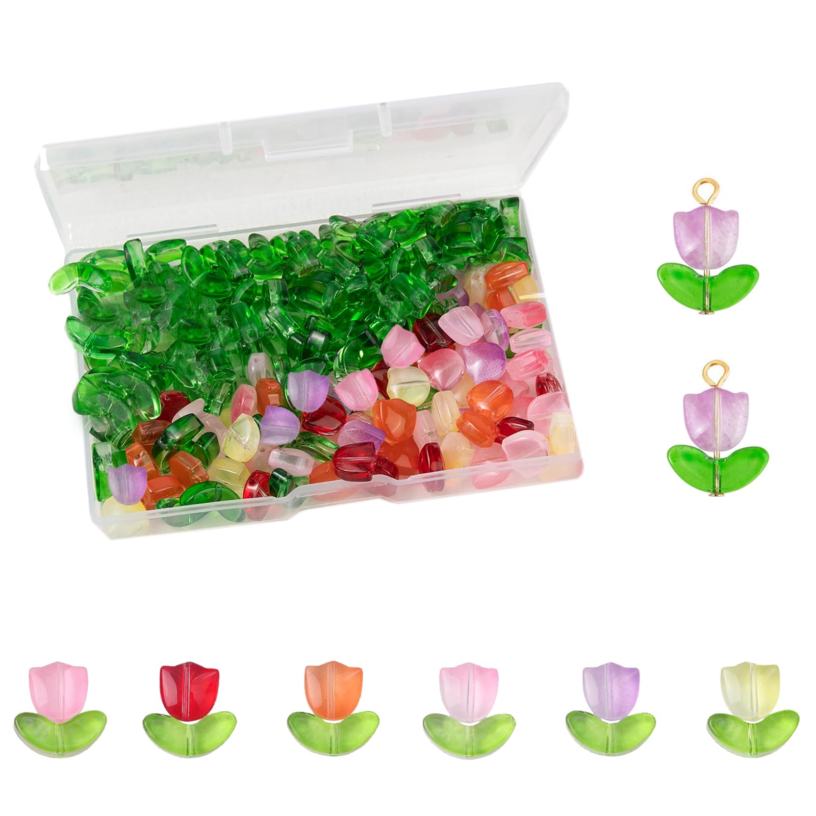 Photo 1 of 100 Sets (200pcs) Tulip Flower Beads Crystal Glass Beads Loose Bead for Women Jewelry Making DIY Bracelet Necklace Earrings Craft