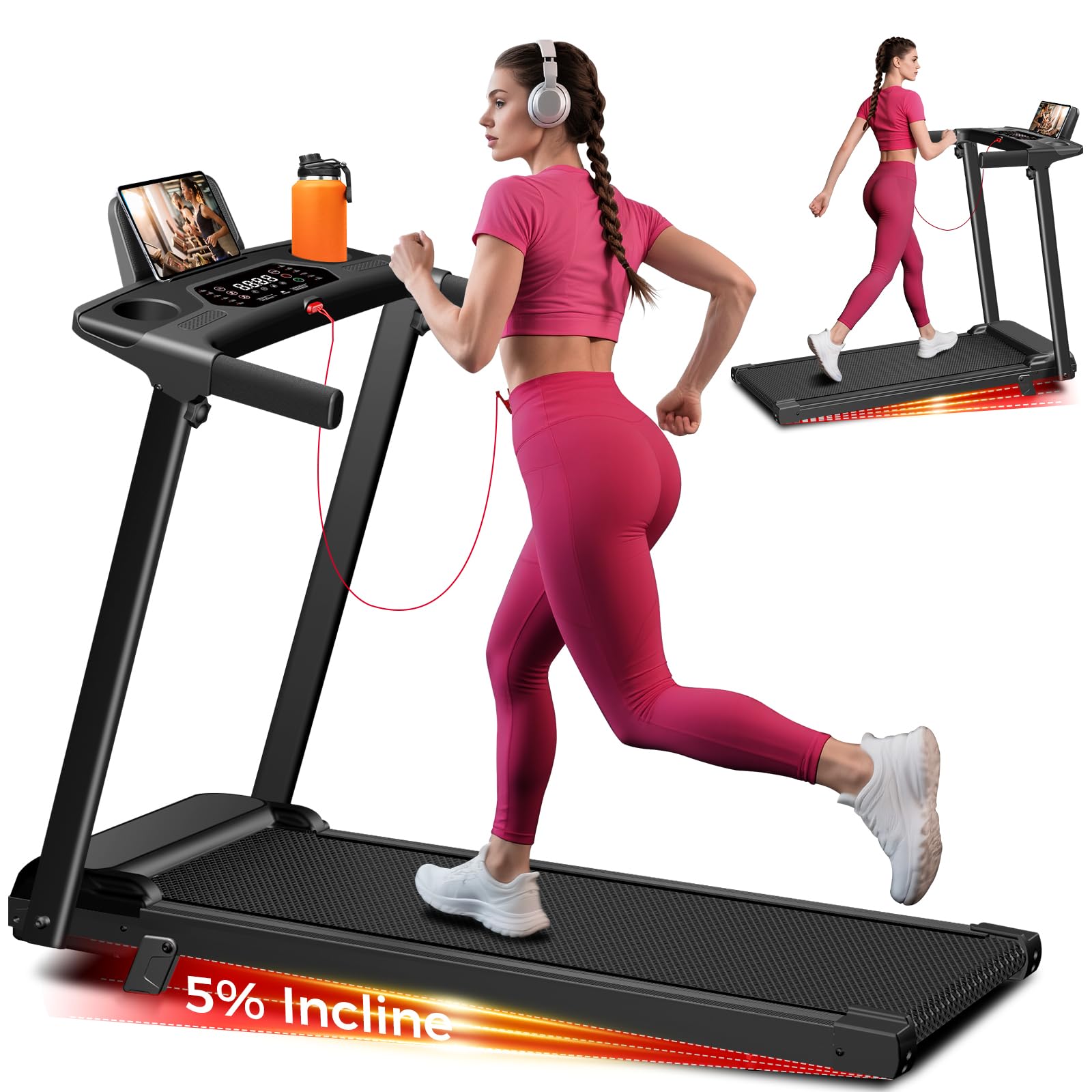 Photo 1 of Treadmill with Incline, 3.0HP Small Treadmills for Home, Portable Electric Treadmill with Handles,Lightweight Walking Pad,Compact Running Treadmills,Walking Pad with Handle,LED Dispay,300LBS Capacity