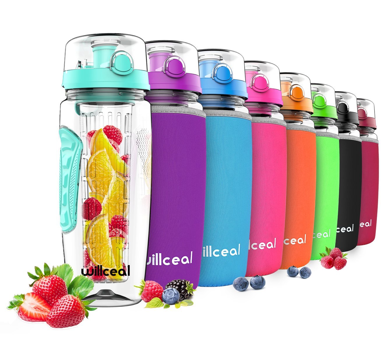 willceal Fruit Infuser Water Bottle 32oz Durable, Large - BPA Free Tritan,Flip Lid, Leak Proof Design - Sports, Camping (Teal)