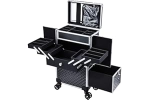 Adazzo Professional Makeup Artist Rolling Train Case Multi-functional Cosmetic Train Case Large Trolley Storage Case for Nail Technicians Cosmetology Case with Compartments for Hairstylist (Black)