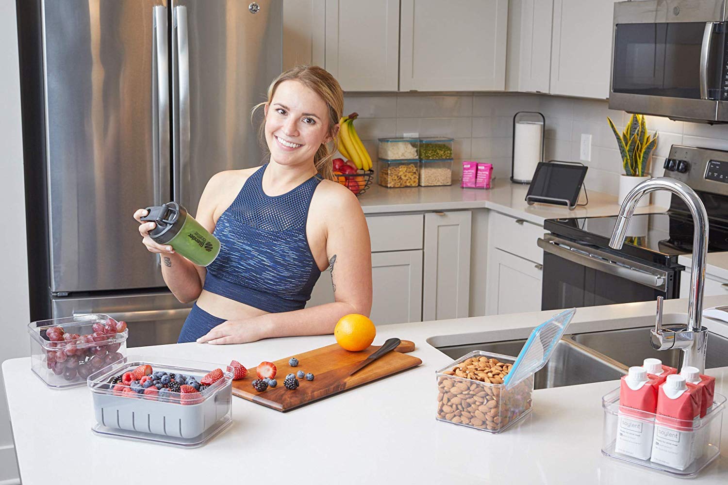 iDesign Recycled Plastic Crisp Produce Storage Containers with Lid and Colander Basket Designed to Keep Food Fresh Longer, 8.32” x 6.32” x 3.76”, Clear/Gray