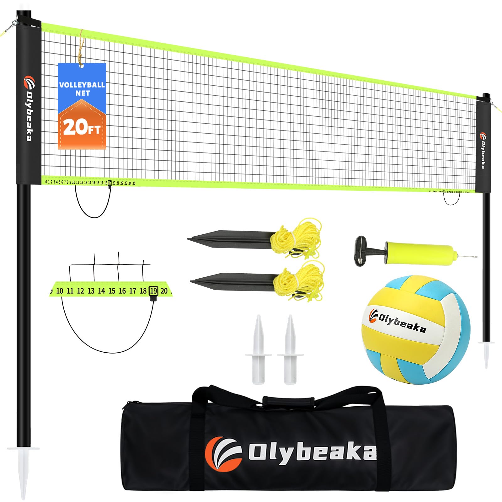 Photo 1 of 20FT Outdoor Volleyball Net Set System for Backyard Beach with Anti-Sagging Net, Iron Adjustable Height Poles, Soft PU Volleyball and Pump, Carry Bag - Instant Set Up & Durable (Black)