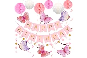 meowtastic Birthday Decorations, Happy Birthday Banner with Honeycomb Balls, Butterfly Hanging Swirl Streamers, Circle Dots Garland, Happy Birthday Party Decorations for Women Men Boys Girls (Pink)