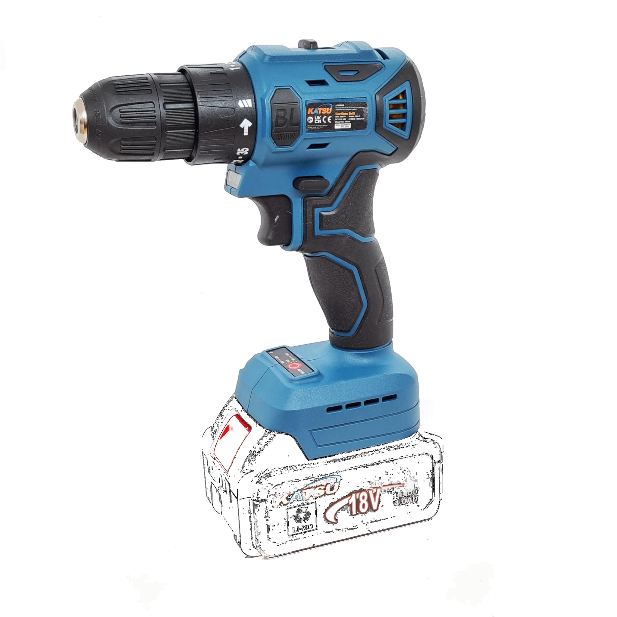 KATSU FIT-BAT 21V Brushless Cordless Drill Driver, 10mm Keyless Chuck, Brushless Motor, 2 Gear Speed and LED Light, Ideal for Home Improvement DIY Tasks 102677