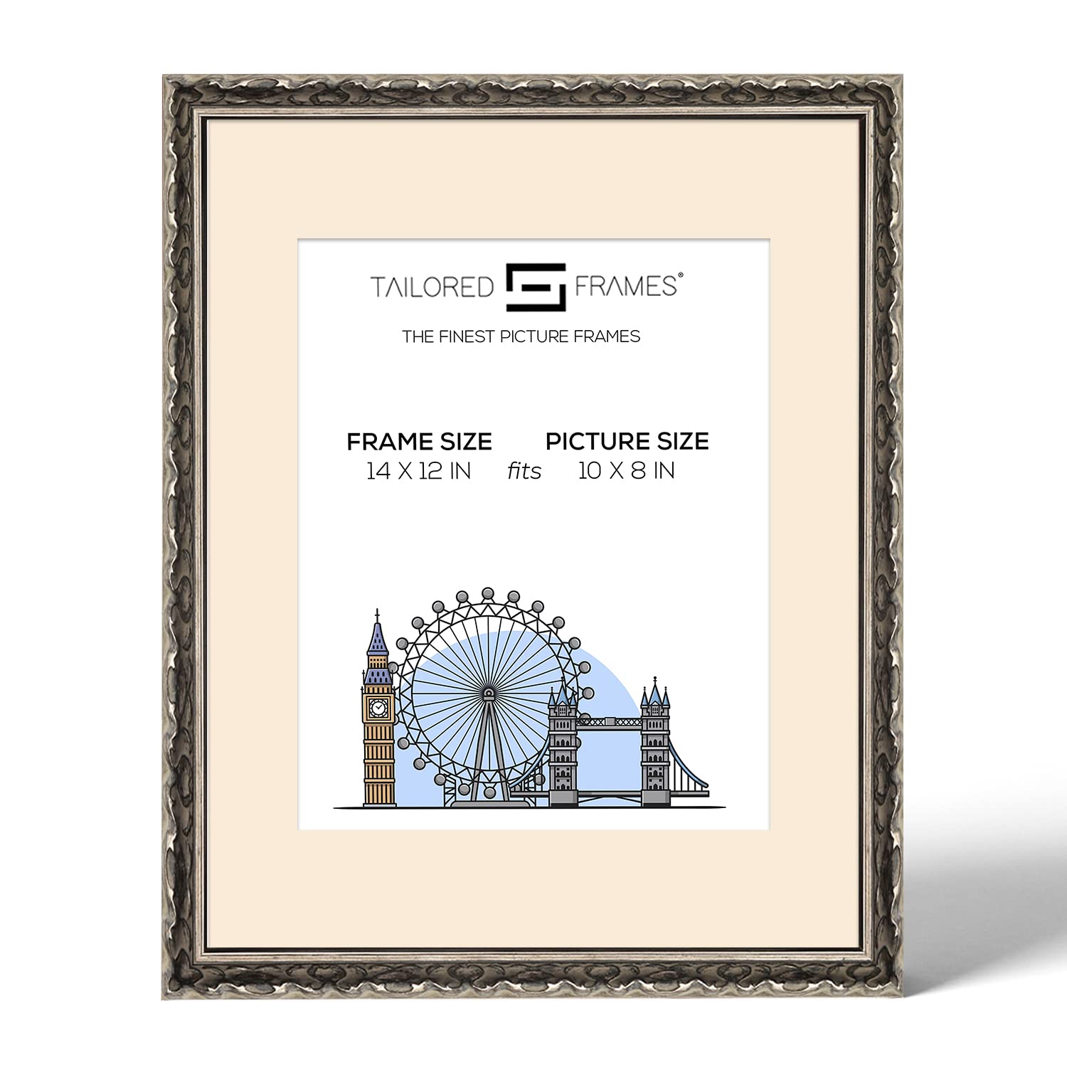 Tailored Frames Vienna Silver 14" X 12" Frame for 10" X 8" Picture | Rustic Style Vintage Single Picture Frame | Wall Hanging Type | Photo Frame with Antique Mount