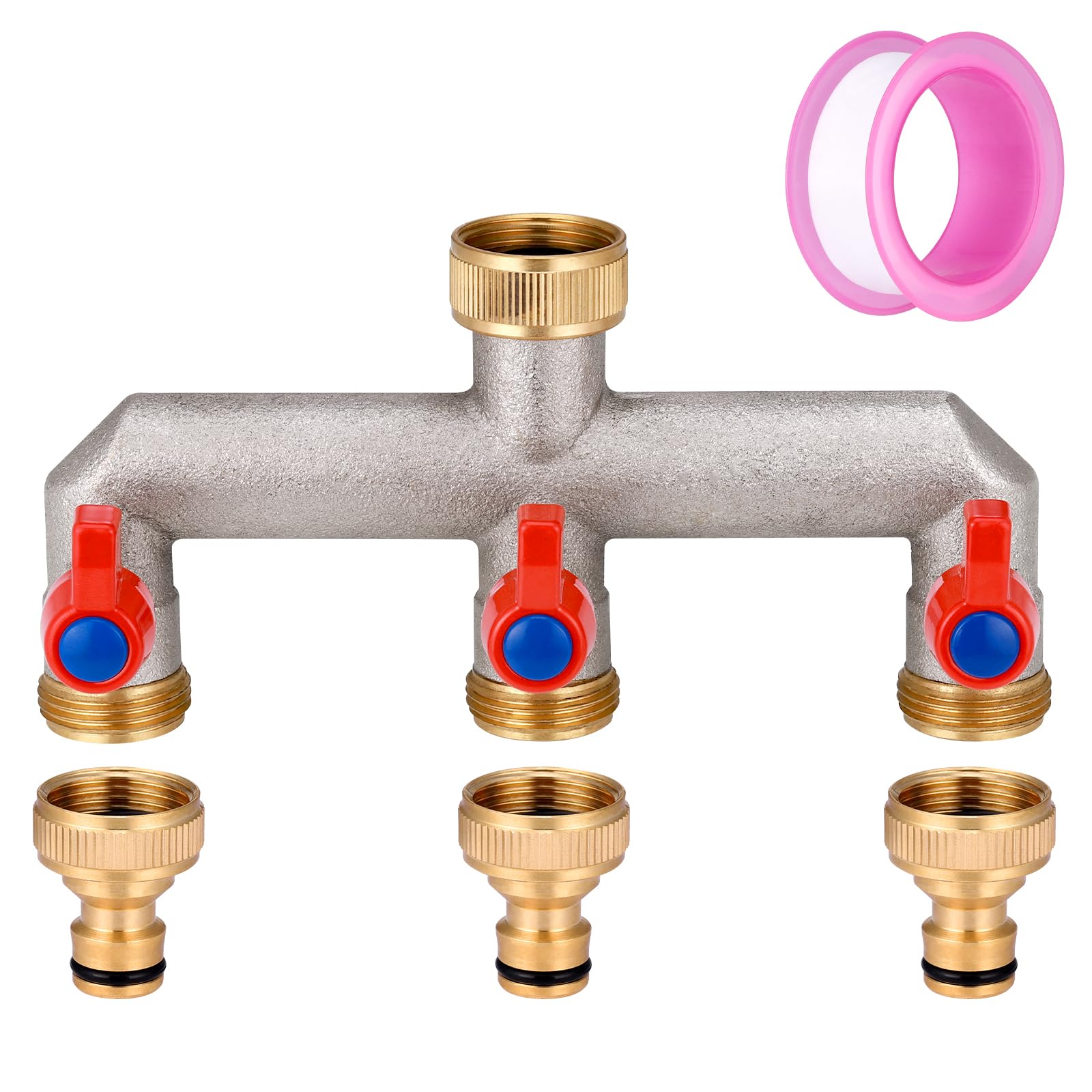 Zocipro Brass Outside Tap Splitter 3 Way, 3/4" Garden Tap Splitter Connection with 3 Individual Valves & Faucet Adapter, Outdoor Tap Connector for Garden Kitchen Faucet, Watering System