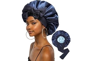 CHLINS Extra Large Satin Bonnet for Sleeping Jumbo Silk Bonnet Double Layer Hair Bonnet for Women with Elastic Tie Band Sleep Bonnet Hair Wrap for Braids Curly Hair(Navy Blue + Light Blue)
