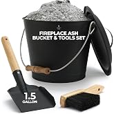 Smedley &amp; York Mini Ash Bucket with Lid, Includes Fireplace Tools, Pail, Shovel and Broom, 1.5 Gallon Charcoal Metal Bucket with Lid, Coal Bucket and Ash Can, Galvanized Iron Ash Bucket for Fireplace