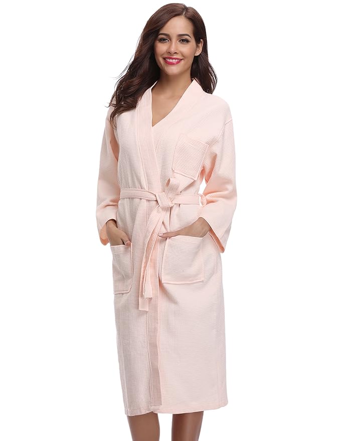 Aibrou Damen Bademantel Saunamantel Frottee Lang Baumwolle Morgenmantel Nachtwäsche Homewear Kleidung V Ausschnitt