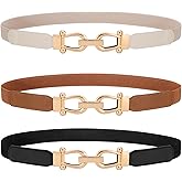 WERFORU 3 Pack Women Skinny Elastic Waist Belt Gold Buckle Stretchy Thin Belt for Jeans Dress