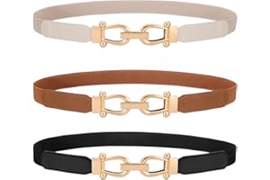 WERFORU 3 Pack Women Skinny Elastic Waist Belt Gold Buckle Stretchy Thin Belt for Jeans Dress