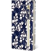 TMOODEL Wallet Women, Cute Flower Theme RFID Blocking Credit Card Holder for Women, Slim Leather Bifold Ladies Purse, Clutch Billfold Card Holder Wallets with 11 Card Slots & ID Window, Blue White