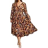CARCOS Women's Plus Size Boho Floral Fall Dress Long Sleeve V Neck Wedding Guest Cocktail Party Flowy Midi Dress XL-5XL