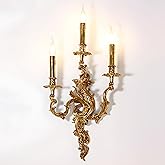 Bofea- Mid Century Retro Wall Sconces,Brass 3-Light Fireplace Lamp,Farmhouse Gold Candle Sconces,Art Deco Wall Mounted Lamp f