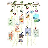 QXUJI Wall Hanging Photo Display with Artificial Leaves Vines, Macrame Photo Holders, Boho Pictures Organizer for Wall Decoration, with 15 Wood Clips, for Home, Office, Classroom, Party, Wedding