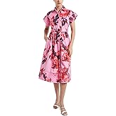D-Sun Women Button Down Shirt Dress V-Neck Floral Printed Short Sleeves Mid Shirt Dress Belt A-Line Party with Pockets