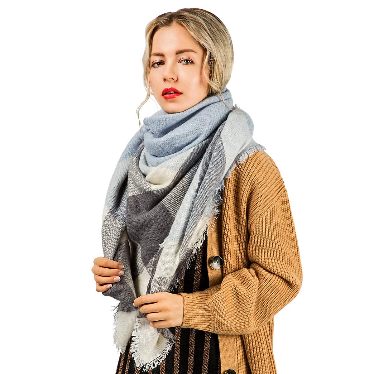 Plaid Scarf yeabiu Women Scarf Long Blanket Scarves Warm Tartan Checked Shawl Poncho Cape(Blue Grey)
