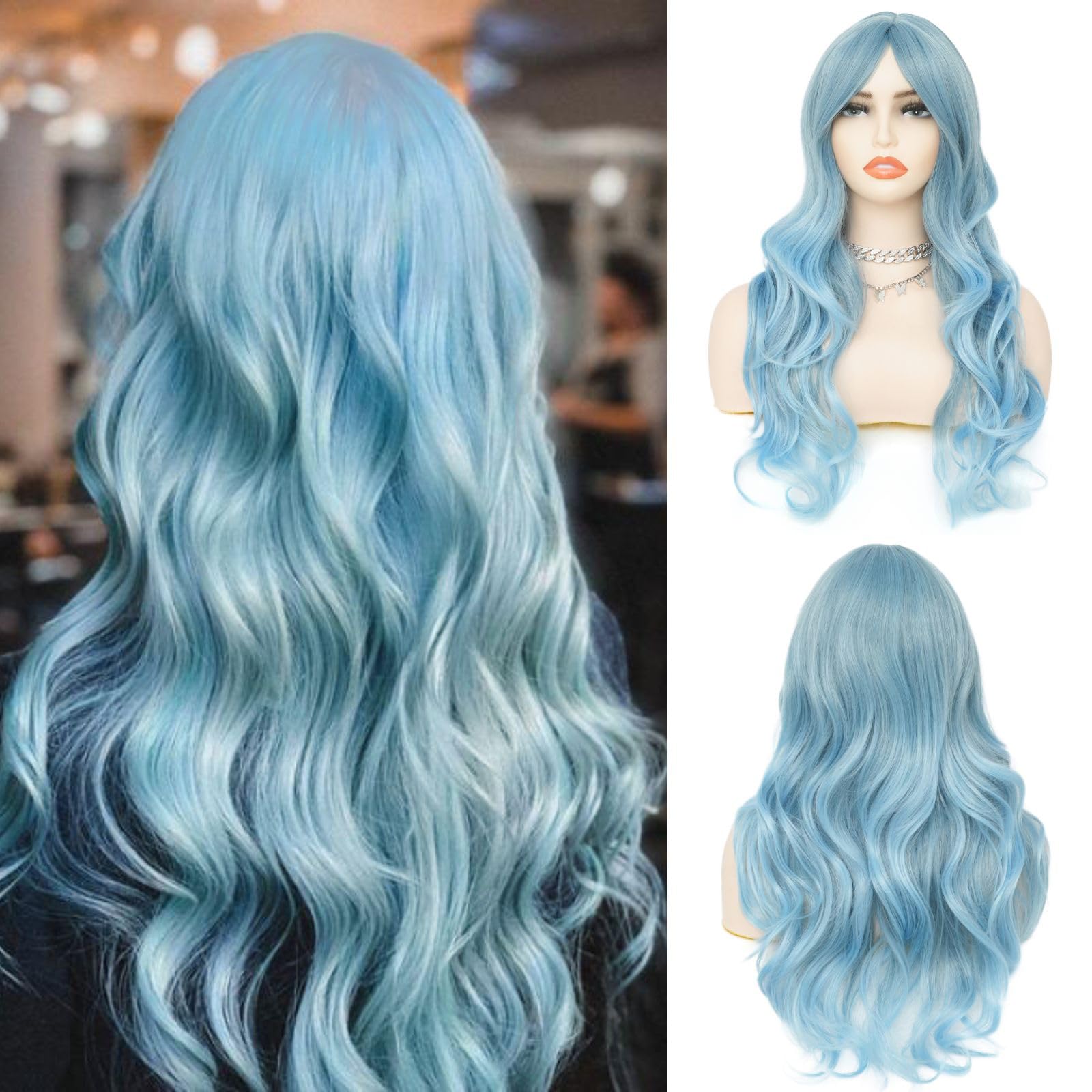 Salaibs Light Blue Curly Long Wigs for Women Middle Part Wavy Wave Hair Wig Synthetic Heat Resistant Fiber Wig for Cosplay Halloween Use — image 1