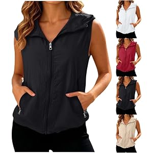 Summer Vest For Women Sleeveless Zip Up Lightweight Breathable Hooded Drawstring Summer Outdoor Sun Protection Top
