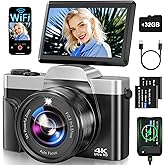4K Digital Camera for Photography with WiFi 64MP Auto-Focus Vlogging Camera for YouTube Video 3'' 180° Flip Screen 4K Cameras 16X Zoom Anti-Shake Compact Point and Shoot Cameras with SD Card