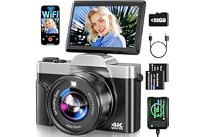 AUREAPIX 4K Digital Camera for Photography with WiFi 64MP Auto-Focus Vlogging Camera for YouTube Video 3'' 180° Flip Screen 4K Cameras 16X Zoom Anti-Shake Compact Point and Shoot Cameras with SD Card