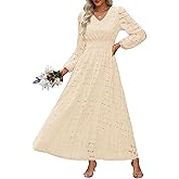Women's Long Puff Sleeve Floral Maxi Dress V Neck Lace Eyelet Hollow Out A Line Flowy Boho Spring Wedding Guest Party Dresses