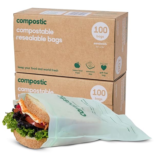 COMPOSTIC HOME COMPOSTABLE RESEALABLE SANDWICH BAGS (7″X7″), MICROWAVE & FREEZER SAFE, ORGANIC FOOD STORAGE CONTAINER, 100 COUNT (PACK OF 2)