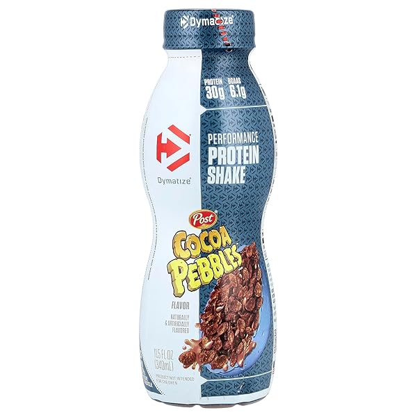 DYMATIZE PROTEIN SHAKE, COCOA PEBBLES, 30G PROTEIN, MEAL REPLACEMENT OR PRE-WORKOUT DRINK, ON-THE-GO BREAKFAST, 6.1G BCAAS, NO ADDED SUGAR, GLUTEN FREE, READY TO DRINK, 11.5 FL OZ