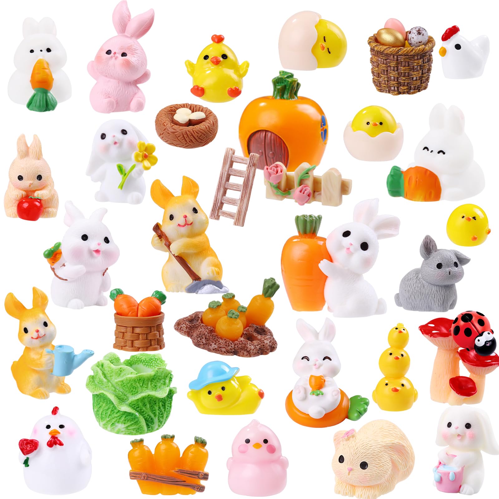 Vellibring 42 Pcs Easter Mini Resin Figurines, Miniature Sculptures Small Farm Bunny Chick Fairy Garden Decor for Dollhouse Easter Egg Fillers Party Favors Supplies DlY Landscape Terrarium