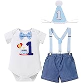IMEKIS Baby Boys 1st 2nd Birthday Outfit Blue Bowtie Romper Suspenders Hat 3PCS Sets Cake Smash Photo Shoot