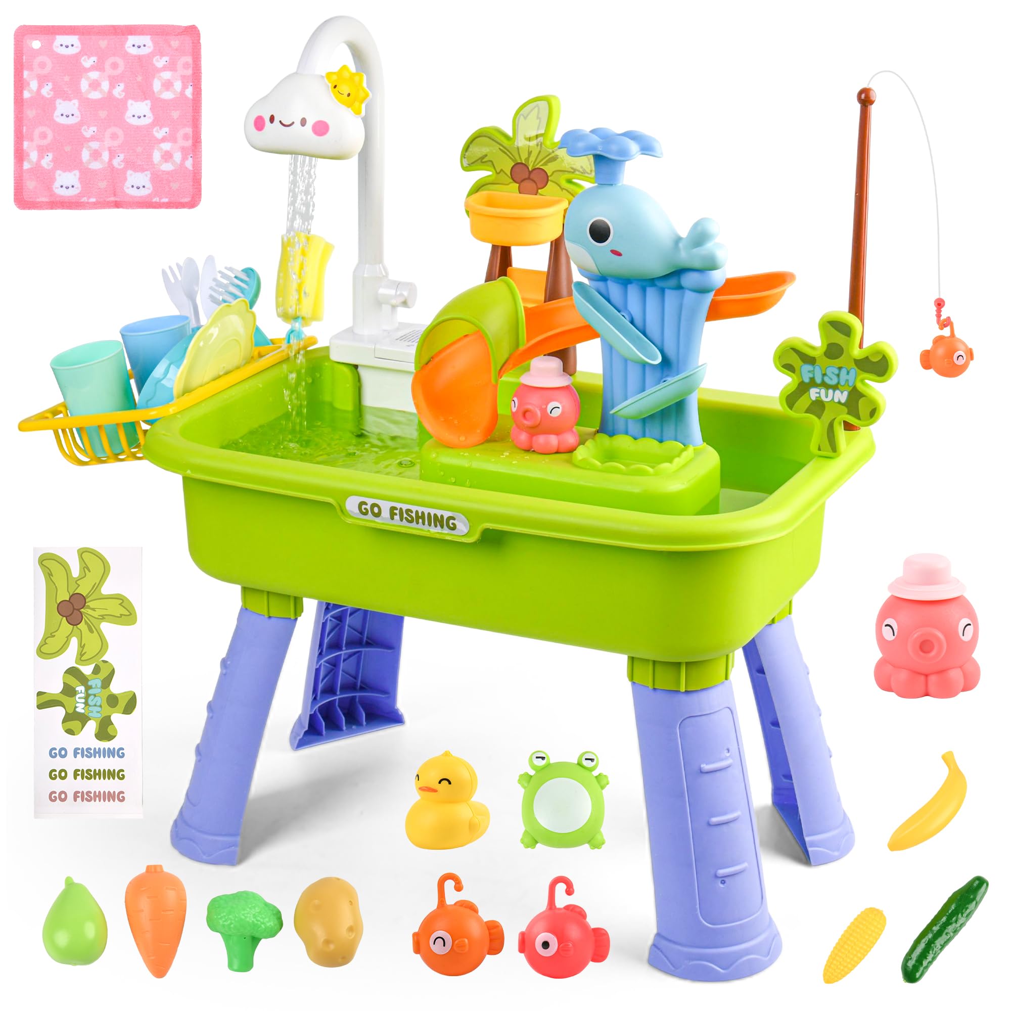 AZTWMYS Upgraded Toddler Sand Water Table Toy with Electric Water Pump, Kids Sand Water with Faucet/Play Food Accessories/Fishing Toy, Kitchen Play Sink Toys for Girl Boy Age 3+ (Green)