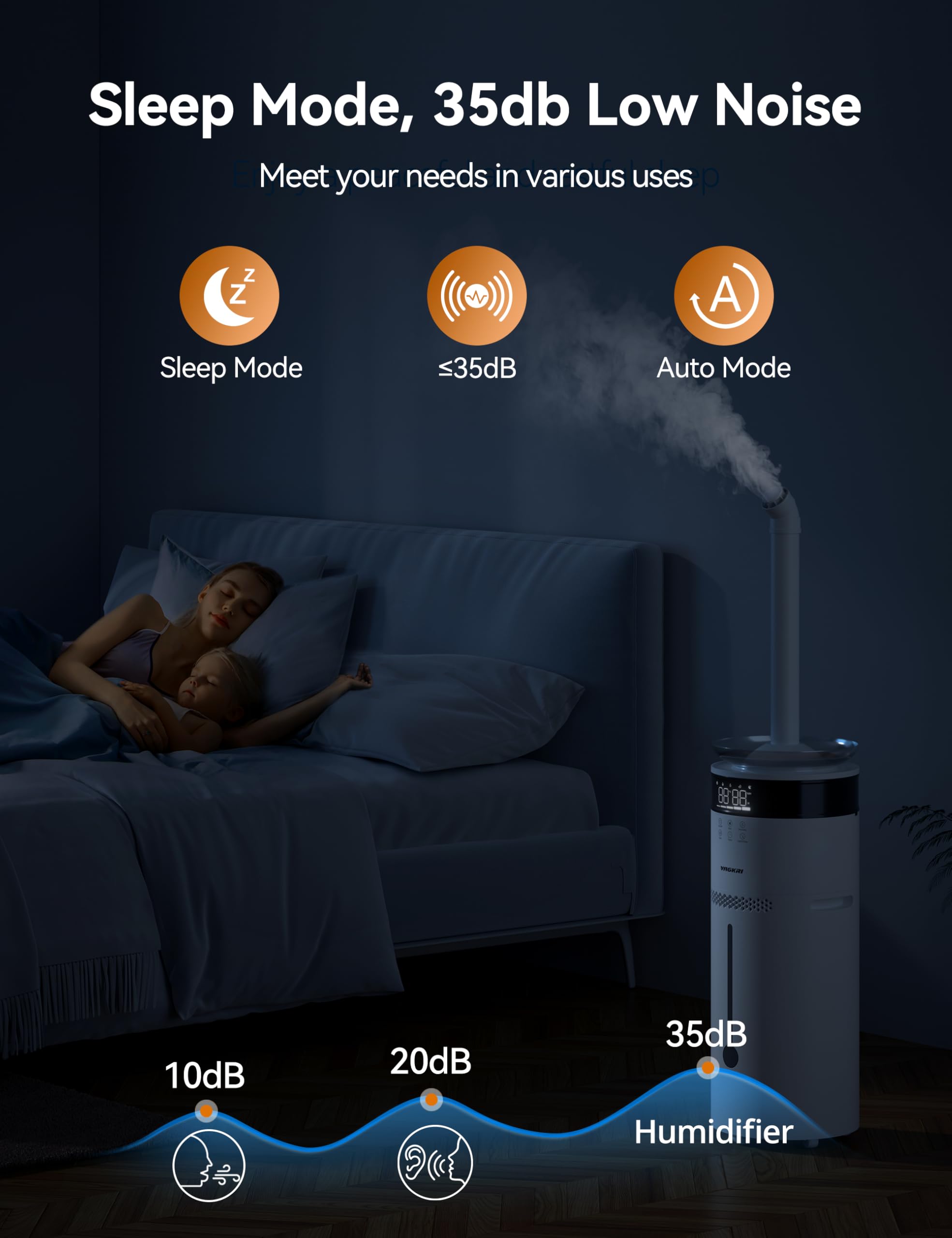VAGKRI Humidifiers for Large Room, 18L Ultrasonic Cool Mist Humidifier for Home 2000 sq ft, 5 Mist Levels, Auto Mode, Whole House Humidifiers with 2 Extended Tube Quiet Humidifiers for Baby Home Plant