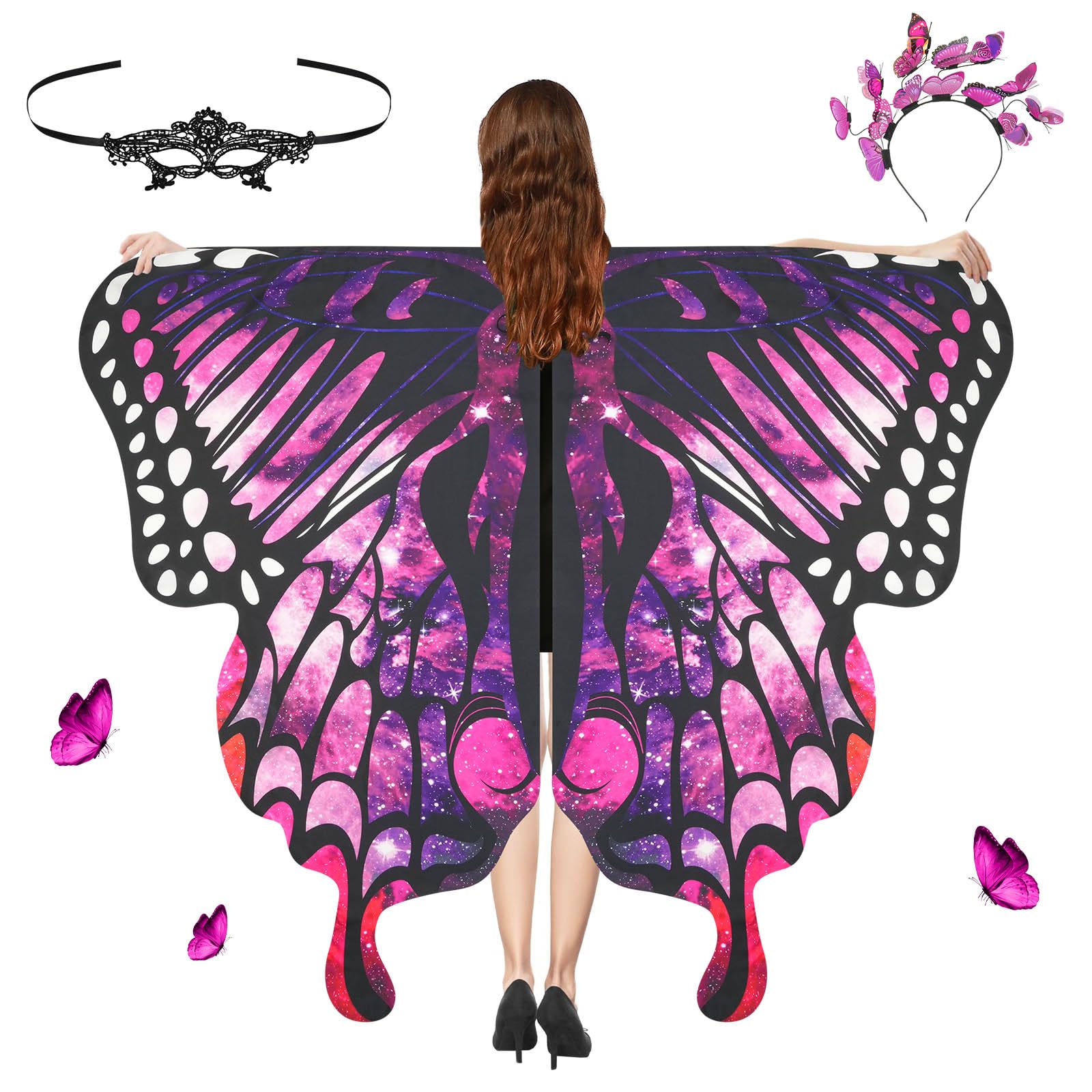 Aomig 3Pcs Womens Butterfly Wings Costume, Adult Butterfly Costumes with Mask and Headband, Adult Fairy Butterfly Wings Fancy Dress Up Costume, Adults Butterfly Wings for Christmas Halloween Cosplay