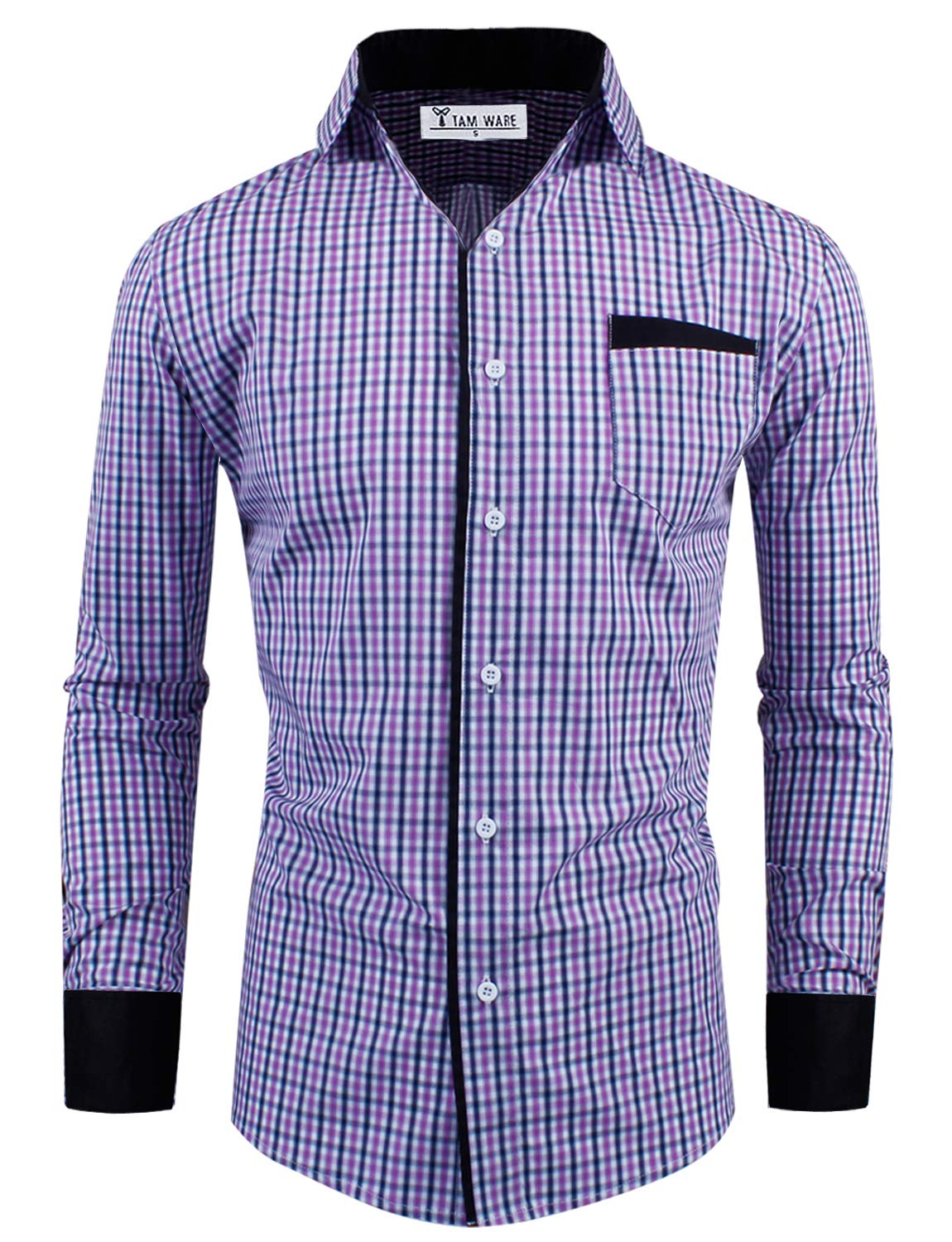 TAM WARE Men's Premium Slim Fit Checkered Plaid Cotton Long Sleeve Shirt