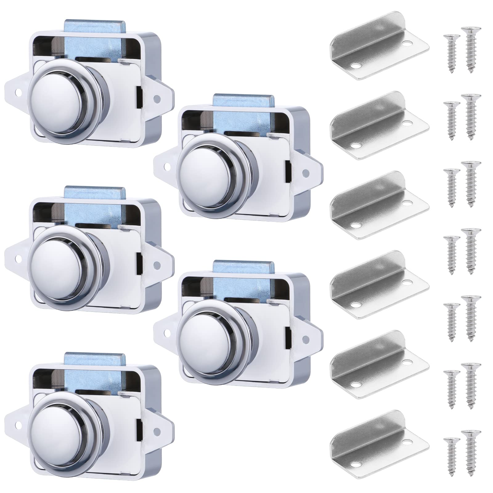 HSEAMALL 5PCS Push Button Latch Locks, Cabinet Drawer Catch Locks Cupboard Keyless Door Lock Knob for Caravan Motorhome Camper Van Boat,Chrome