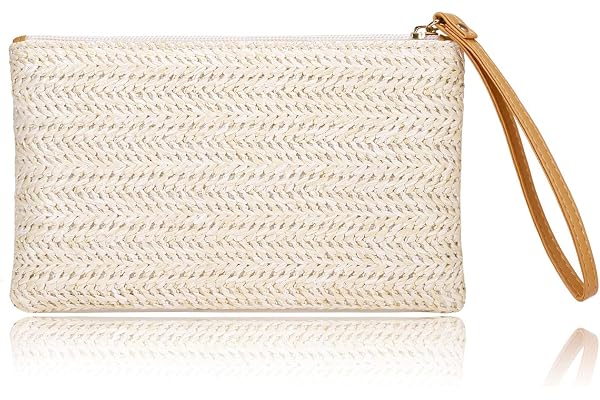 Womens Straw Clutch Bag Bohemian Summer Beach Straw Purse Zipper Wristlet Wallets for Women