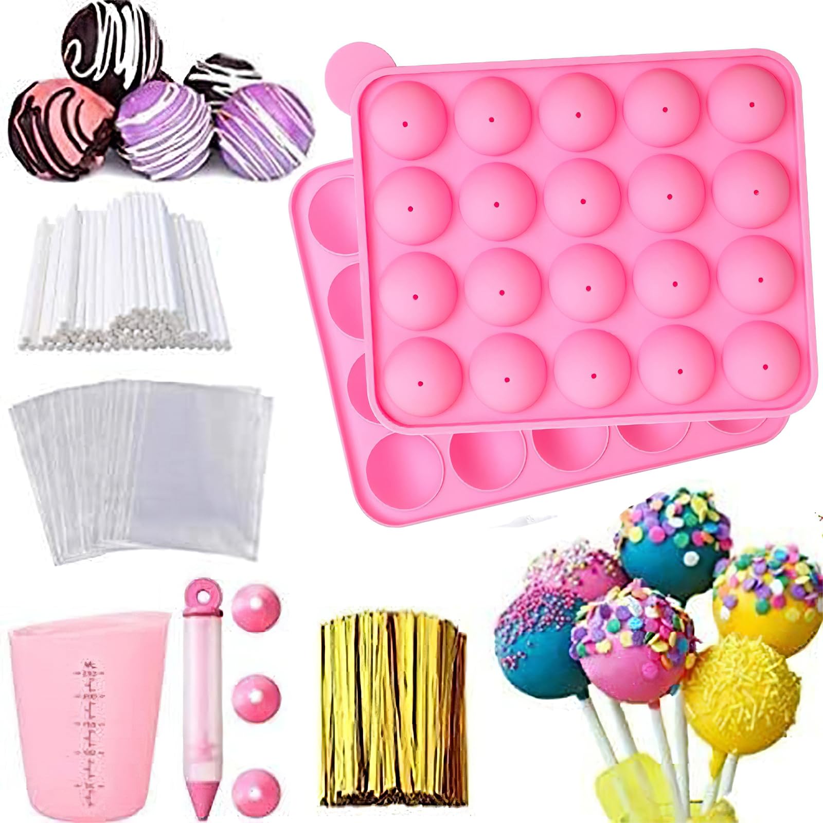 Cake Pop Maker Kit, Lollipop Chocolate Making Kit Including 20-Hole Silicone Mold, 15-Hole Display Stand and Measuring Cup, etc, Great for Making Cake Pop and Chocolate