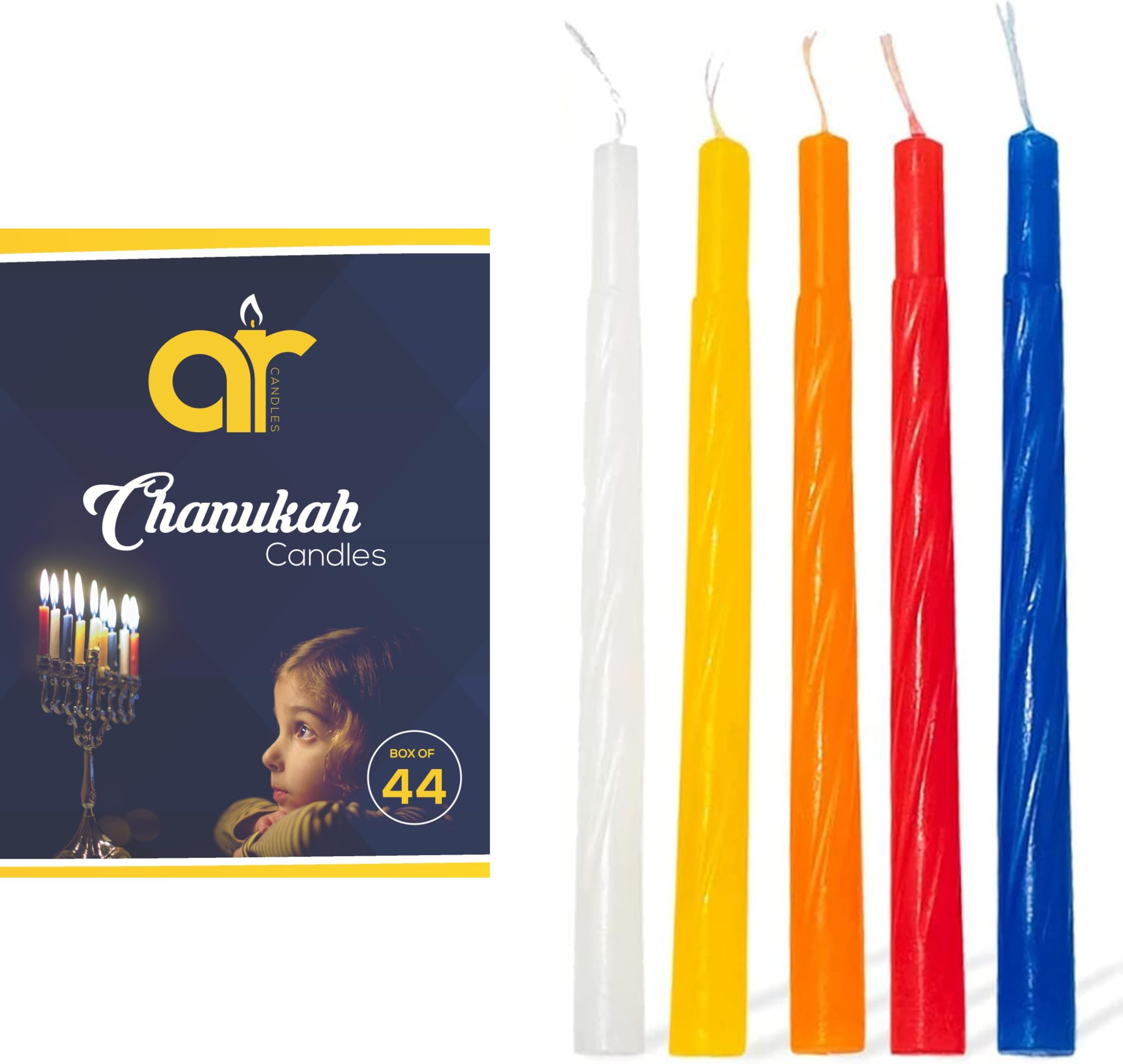 Chanukah Candles Colourful - 0.9cm x 10cm Standard Size for Most Menorahs - 44 Count for All 8 Nights of Hanukkah - Assorted Colours - Quality Wax by AR Candles