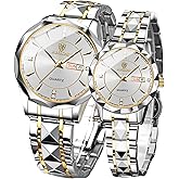 yunanwa Valentines Couple Pair Watches Men and Women Luminous Calendar Waterproof Gold Silver Stainless Steel Quartz Watch Blue Face his and Hers Watches Set Lovers Set of 2