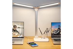 iVict Dual Swing Arm LED Desk Lamps, 5 Light Modes x 10 Brightness Levels Desk Light with USB Charging Port, 45 Minutes Auto Timer Table Lamp, Desk Lamp for Home Office, Bedroom, Reading/Study