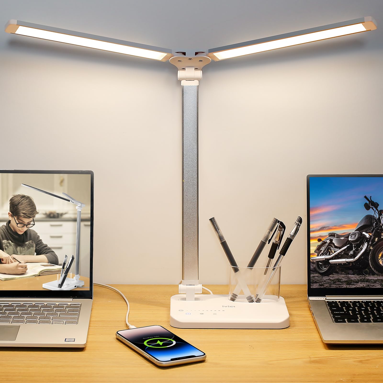 iVict Dual Swing Arm LED Desk Lamps, 5 Light Modes x 10 Brightness Levels Desk Light with USB Charging Port, 45 Minutes Auto Timer Table Lamp, Desk Lamp for Home Office, Bedroom, Reading