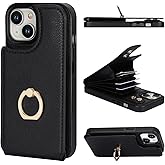 Folosu Compatible with iPhone 15 Case Wallet with Card Holder, 360°Rotation Finger Ring Holder Kickstand, RFID Blocking Leather Protective Double Buttons Shockproof Cover 6.1 Inch (Black)