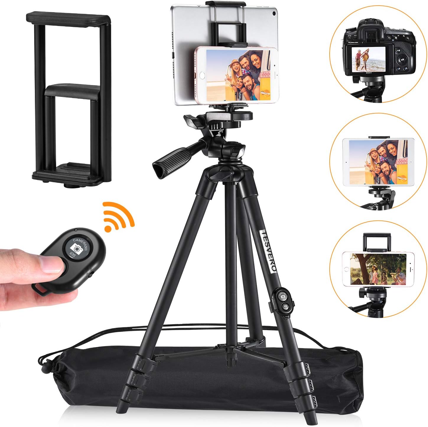 iPad Tripod,TESVERO 55" Extendable Lightweight Aluminum Alloy Tripod Stand with Universal Cell Phone/Tablet Holder, Remote Shutter, Compatible with Smartphone & Tablet & Camera.