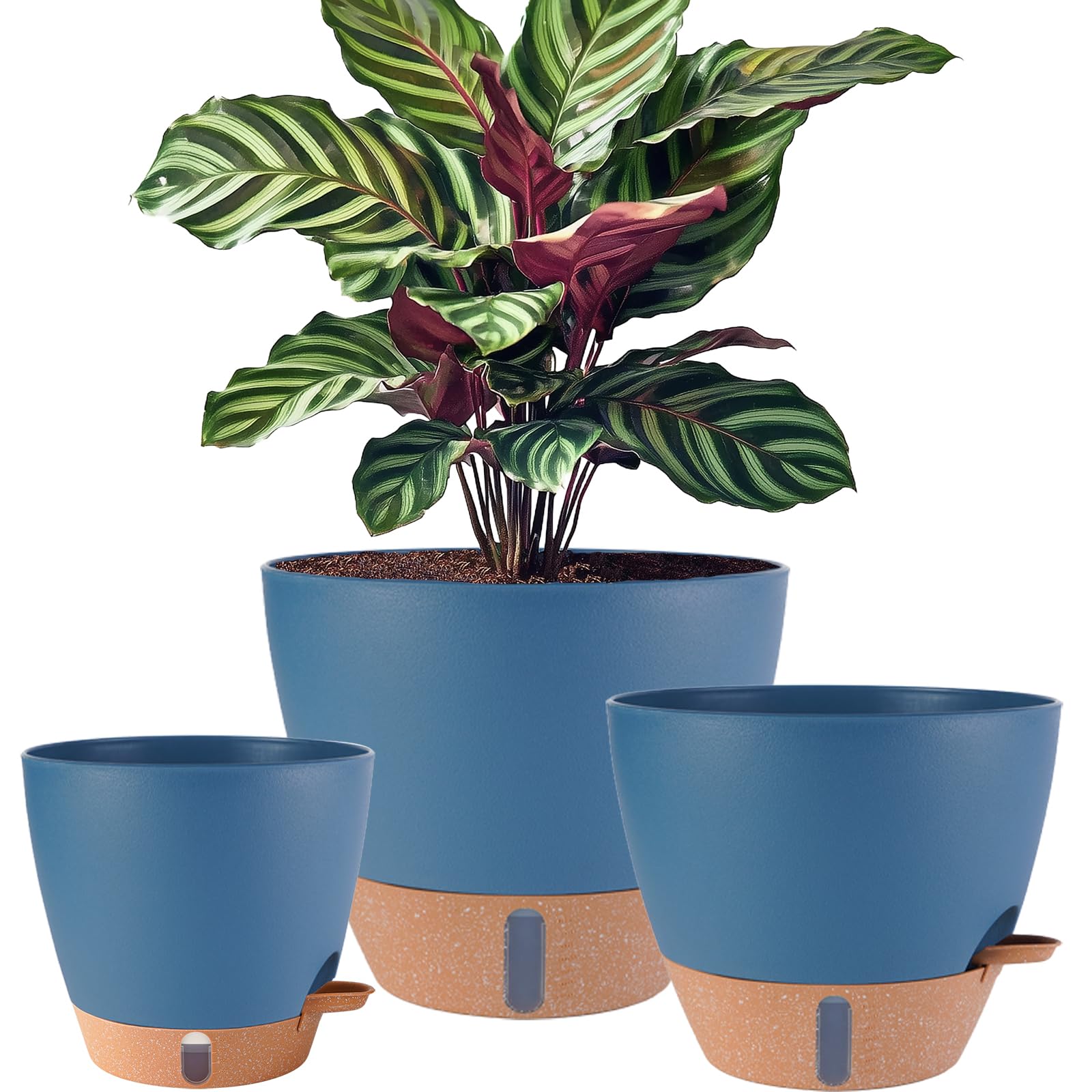 Photo 1 of 12/10/8 inch Plant Pots, Large Plastic Self Watering Planters with Drainage Holes, Deep Reservoir, Water Level Indicator, Modern Decorative Flower Pots for Indoor Outdoor Plants (Navy Blue, 12/10/8)