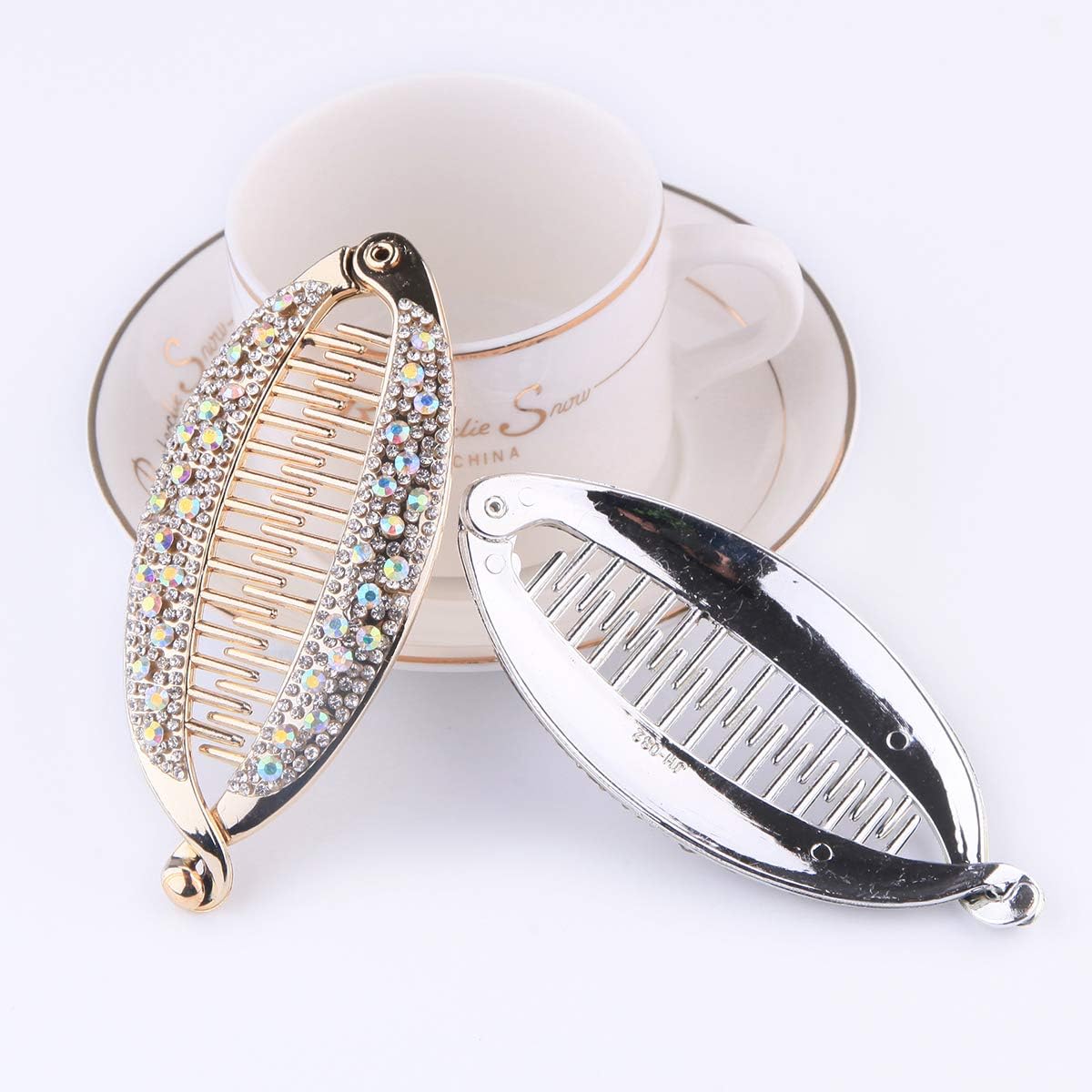 Lurrose 4pcs Banana Hair Clip Shiny Rhinestone Decor Ponytail Holder Clip Resin Stylish Hair Barretters for Women (Gold and Silver) - Image 5