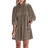 Opemiby Womens Casual Dresses Corduroy Button Up Empire Waist 3/4 Sleeve Fall Winter Mini Babydoll Dress